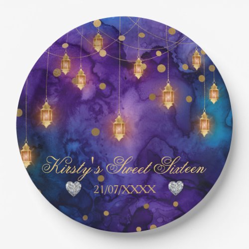 Mystic Purple Blue Lanterns  Gold Bokeh Sweet 16 Paper Plates