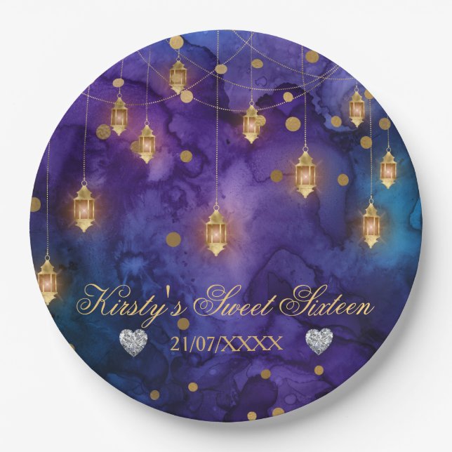 Mystic Purple Blue Lanterns & Gold Bokeh Sweet 16 Paper Plates (Front)