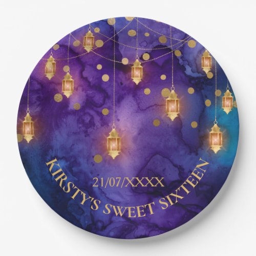 Mystic Purple Blue Lanterns  Gold Bokeh Sweet 16 Paper Plates
