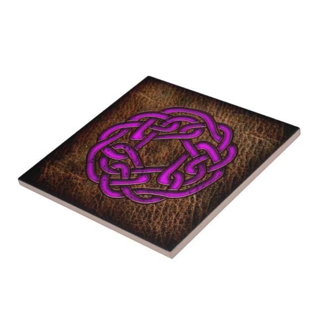 Mystic purple celtic knot on leather ceramic tile (Side)