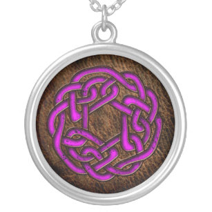 Mystic purple celtic ornament on leather silver plated necklace