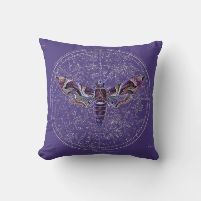 Mystic Purple Moth Over Star Map on Purple  Throw Pillow (Front)