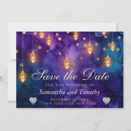 Mystic Purple Night Lanterns Bokeh Save The Date Invitation