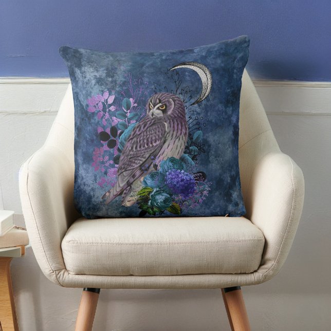 Mystic Purple Owl and Moon on Grayish Blue Throw Pillow (Creator Uploaded)