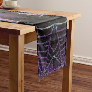 Mystic Purple Spiderweb Bats Halloween Accent Long Table Runner
