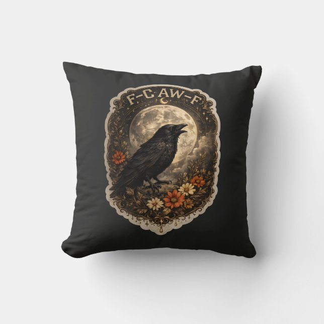 Mystic Raven Under Moon Dark Celestial Aesthetic Throw Pillow (Front)