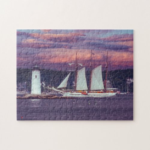 Mystic Schooner Sailing past Portsmouth Lighthouse Jigsaw Puzzle