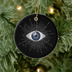 Mystic Silver & Blue Evil Eye Nazar Mati on Black Ceramic Ornament