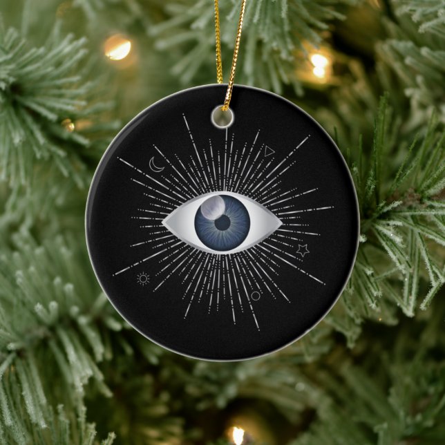 Mystic Silver & Blue Evil Eye Nazar Mati on Black Ceramic Ornament (Tree)