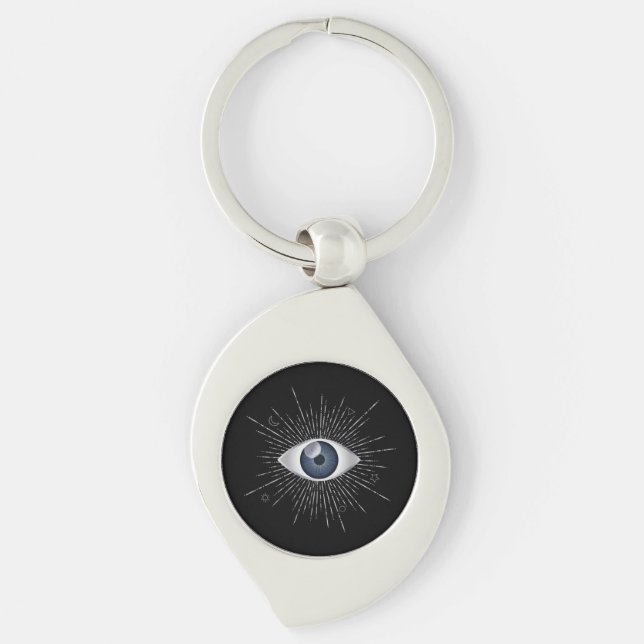 Mystic Silver & Blue Evil Eye Nazar Mati on Black Keychain (Front)