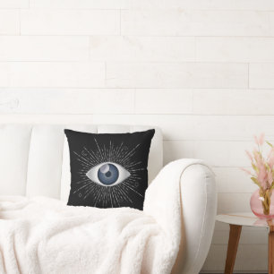 Mystic Silver & Blue Evil Eye Nazar Mati on Black Throw Pillow
