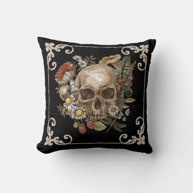 Mystic Skull Vintage Black Throw Pillow (Front)