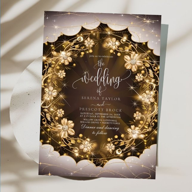 Mystic Sparkles and Golden Floral Wedding Invitation (Creator Uploaded)