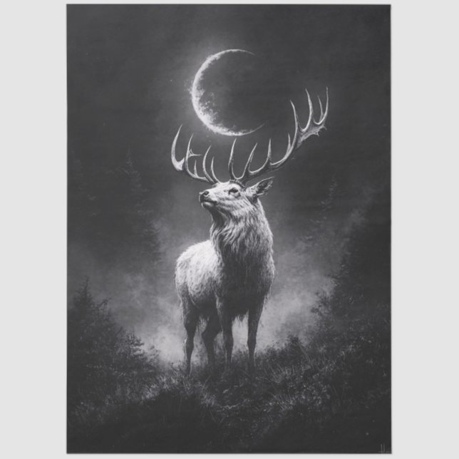 Mystic Stag Under Crescent Moon Decoupage Tissue Paper (Front)