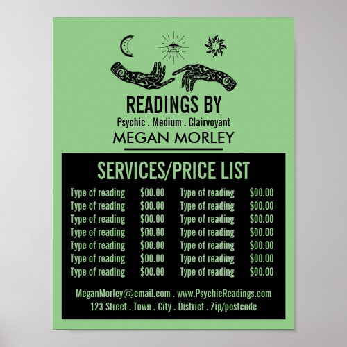 Mystic Symbols Psychic Reading Price List Poster