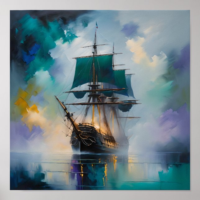 Mystic Tall Ship in Fog – Dreamlike Nautical Paint Poster (Front)