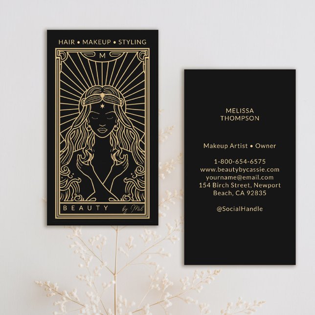 Mystic Tarot Makeup Hair Nails Monogram Gold Black Business Card (tarot business card mystical goddess gold black makeup hair lashes psychic reiki healer)