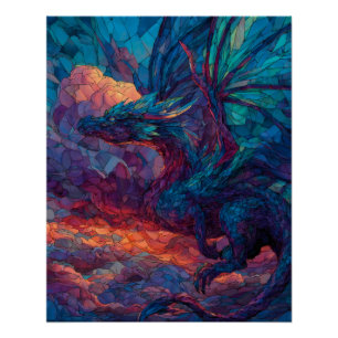 Mystic Teal Crimson Sky Dragon Art Poster