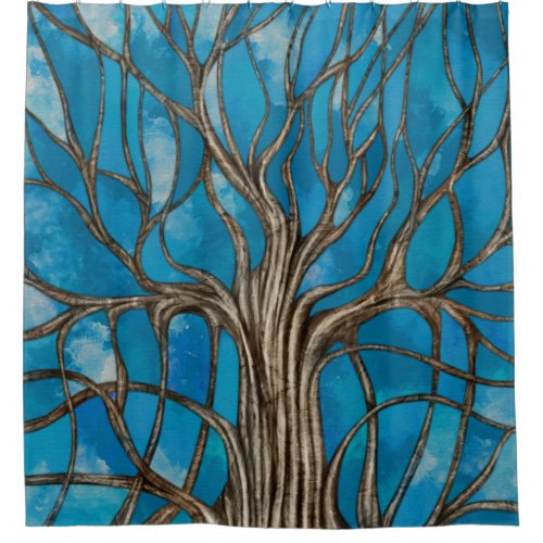 Mystic Tree of Life Mosaic Blue Watercolor Shower Curtain