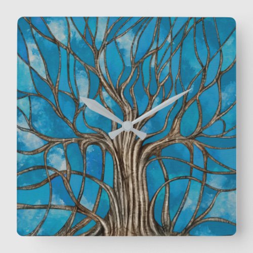 Mystic Tree of Life Mosaic Blue Watercolor Square Wall Clock