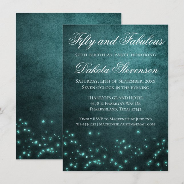 Mystic Twilight Stars | Deep Teal Glow Fabulous 50 Invitation (Front/Back)
