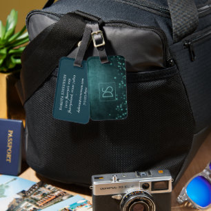 Mystic Twilight Stars Deep Teal Green Monogram Luggage Tag
