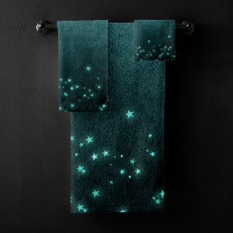 Mystic Twilight Stars | Deep Teal Green Neon Glow Bath Towel Set
