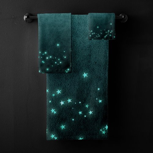 Mystic Twilight Stars  Deep Teal Green Neon Glow Bath Towel Set