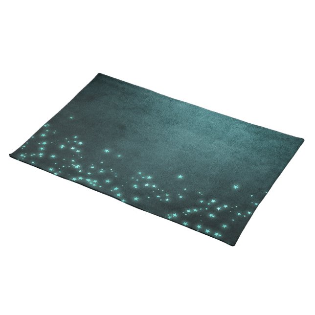Mystic Twilight Stars | Deep Teal Green Neon Glow Cloth Placemat (On Table)
