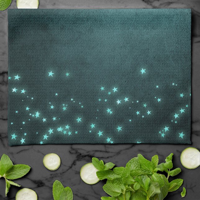 Mystic Twilight Stars | Deep Teal Green Neon Glow Kitchen Towel (Creator Uploaded)