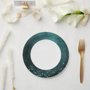 Mystic Twilight Stars Deep Teal Green Neon Glow Paper Plates