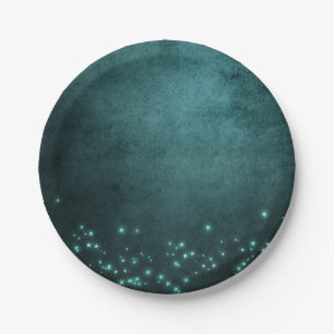 Mystic Twilight Stars   Deep Teal Green Neon Glow Paper Plates