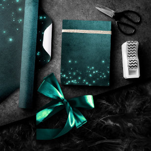 Mystic Twilight Stars   Deep Teal Green Neon Glow Wrapping Paper