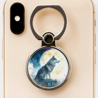 Mystic Watercolor Wolf and Full Moon Phone Ring Stand