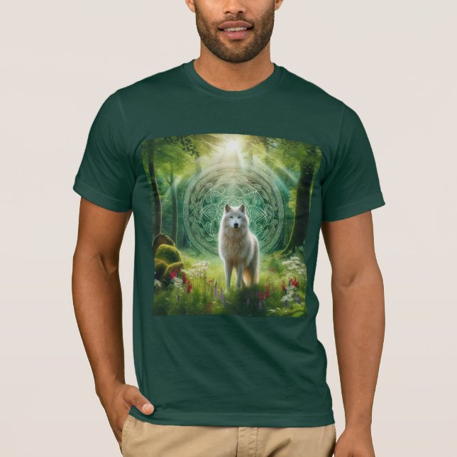 Mystic White Wolf in Enchanted Forest T-Shirt (Front)