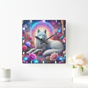 Mystic White Wolf Square Wall Clock