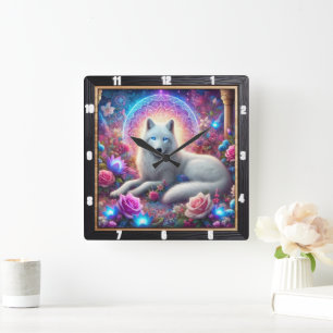 Mystic White Wolf Square Wall Clock