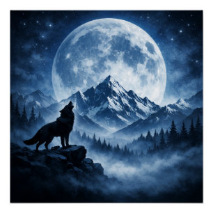Mystic Wilderness Wolf Under Moon Mountain Night Poster