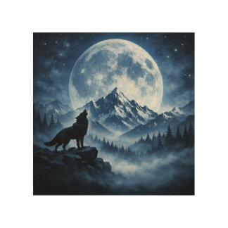 Mystic Wilderness Wolf Under Moon | Mountain Night Wood Wall Art