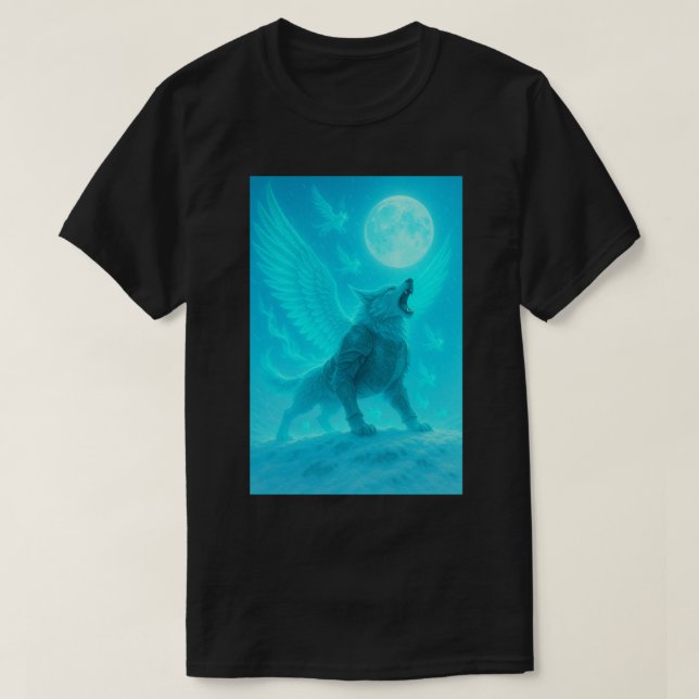 Mystic Winged Wolf Howling at the Moon T-Shirt (Design Front)