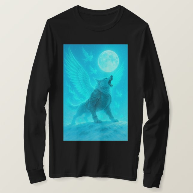 Mystic Winged Wolf Howling at the Moon T-Shirt (Design Front)