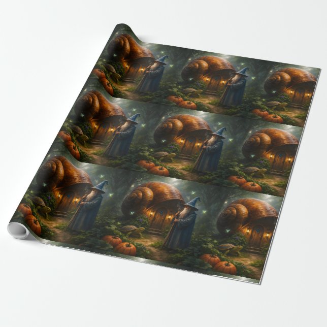Mystic wizard and glowing pumpkin forest premium m wrapping paper (Unrolled)