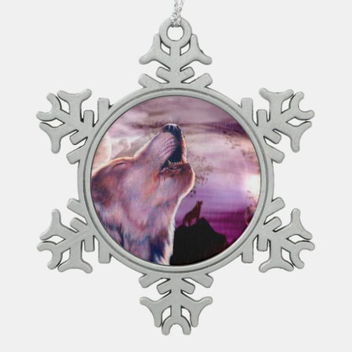 Mystic Wolf Howling at The Moon Snowflake Pewter Christmas Ornament