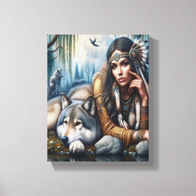 Mystical A Native American Woman With Wolves 10x8 Canvas Print (Front)