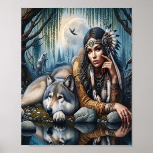 Mystical A Native American Woman With Wolves 10x8 Poster