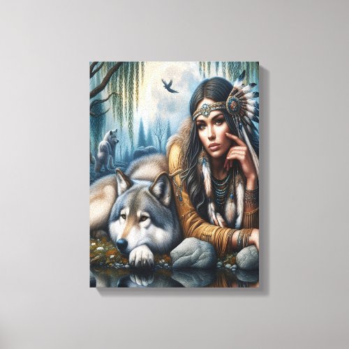 Mystical A Native American Woman With Wolves 12x16 Canvas Print