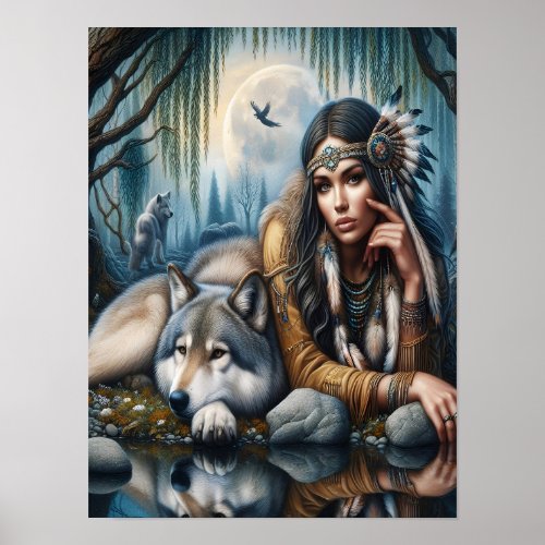 Mystical A Native American Woman With Wolves 12x16 Poster