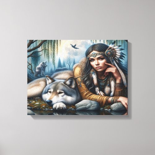 Mystical A Native American Woman With Wolves 16x12 Canvas Print