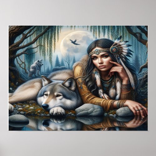 Mystical A Native American Woman With Wolves 16x12 Poster