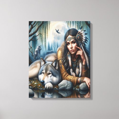 Mystical A Native American Woman With Wolves 16x20 Canvas Print
